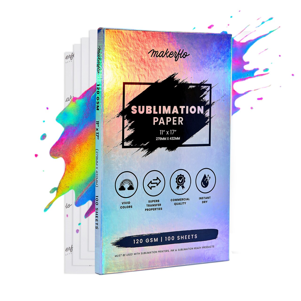 Makerflo Sublimation Paper 11 x 17 Inches 100 Sheets Heat Transfer Paper for Tumblers T-Shirts Phone Cases Mugs Printable Stickers Gifting Christmas DIY Enthusiast